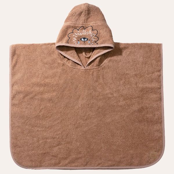 Hooded poncho towel 52x63 cm in caramel with lion design made of organic cotton from Petite Amélie 