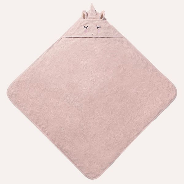 Hooded towel 75x75 cm in light pink with unicorn design made of organic cotton from Petite Amélie 