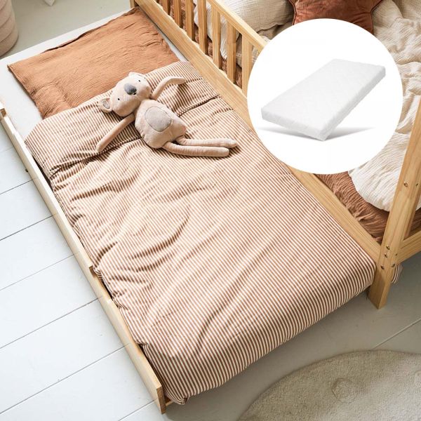 Kids trundle bed in natural wood finish with dimensions of eighty by one hundred sixty centimeters from Petite Amélie