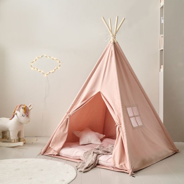 Pink play tent made from cotton 158 cm tall support posts from pine wood from Petite Amélie