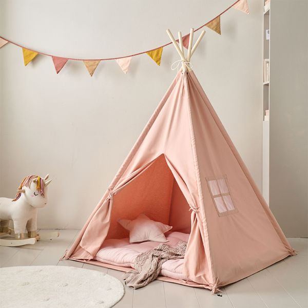 Pink teepee tent 158 cm tall made from cotton and pine wood from Petite Amélie