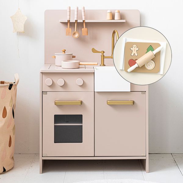 Toy baking set in a wooden play kitchen in pink size 83.5x55.5x38 cm from Petite Amélie 