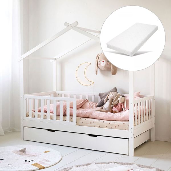 Wooden house bed with mattress 80x160 cm in white from Petite Amélie