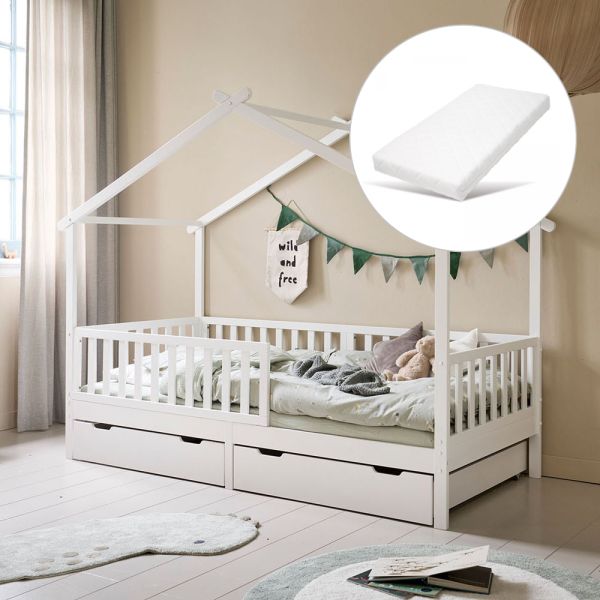 Wooden house bed with mattress 90x200 cm in white from Petite Amélie