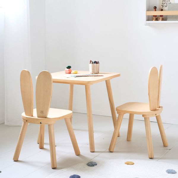 Table and chairs set in wood, featuring a natural finish and rabbit theme from Petite Amélie